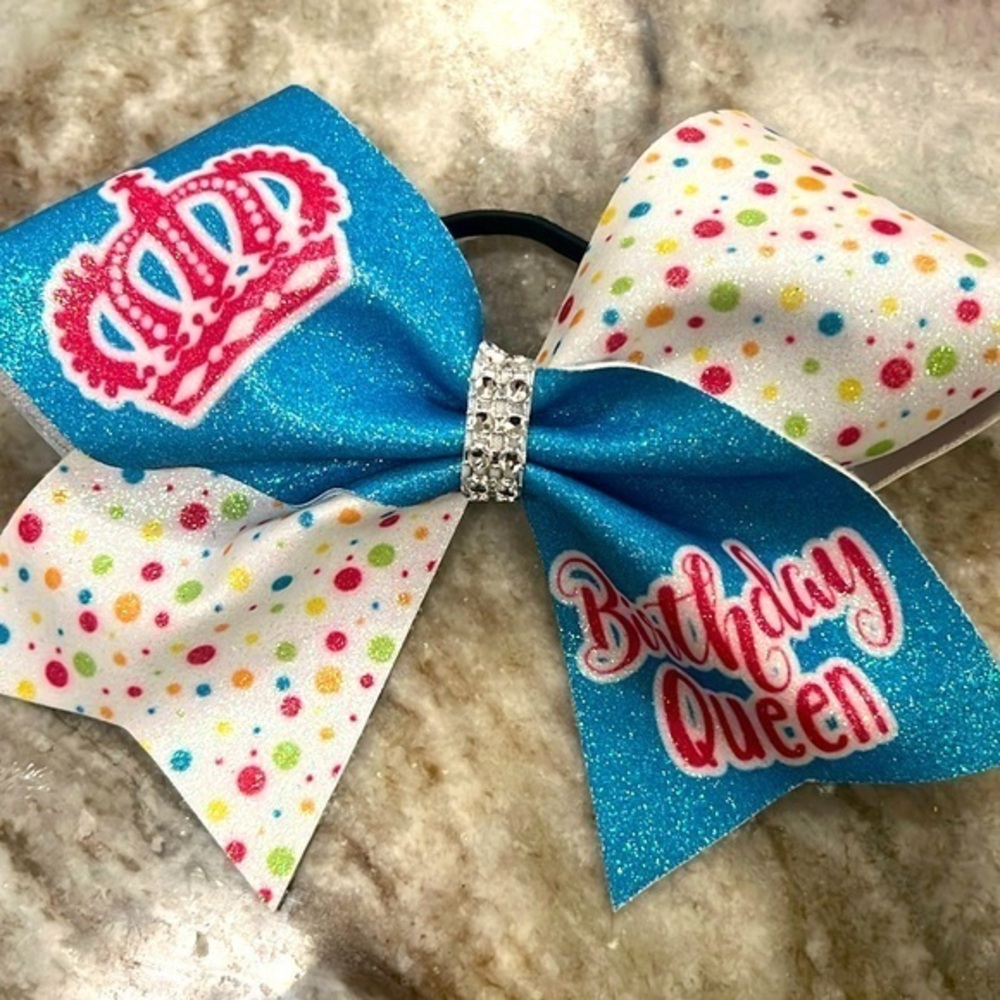Birthday Queen Cheer Hair Bow with Crown and Blue Sparkles